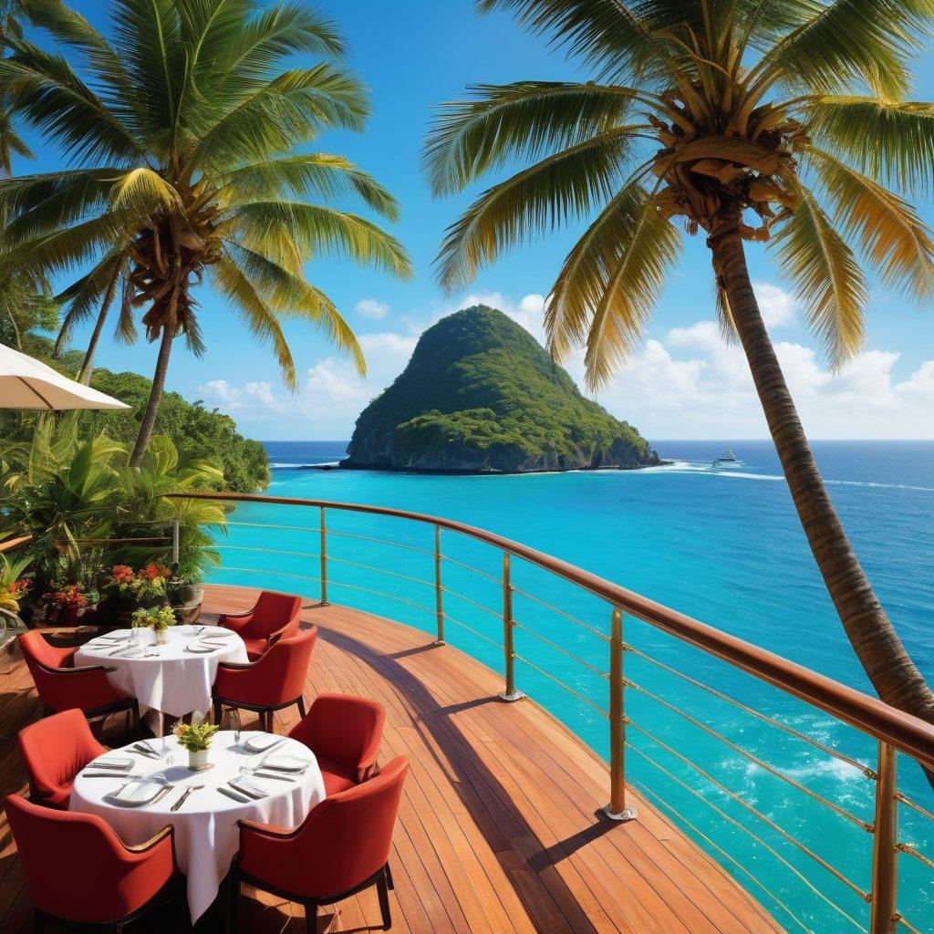An inviting scene of a luxurious cruise ship sailing under a bright blue sky, surrounded by vibrant tropical islands. The deck is adorned with joyful crew members engaging with passengers, showcasing a diverse range of job roles such as chefs, entertainers, and environmentalists. Include palm trees and sparkling ocean waves to evoke a sense of adventure and opportunity. super-realistic. vibrant colors. sunny backdrop.
