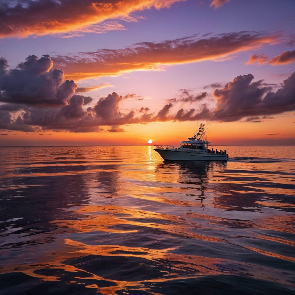 A vast, open ocean with diverse career paths visually represented on the water's surface, such as a marine biologist in a research boat, a sailor navigating with a compass, and an underwater photographer capturing marine life. In the background, a stunning sunset casts vibrant colors across the sky, while sea creatures and boats float harmoniously. super-realistic. vibrant colors. atmospheric lighting.