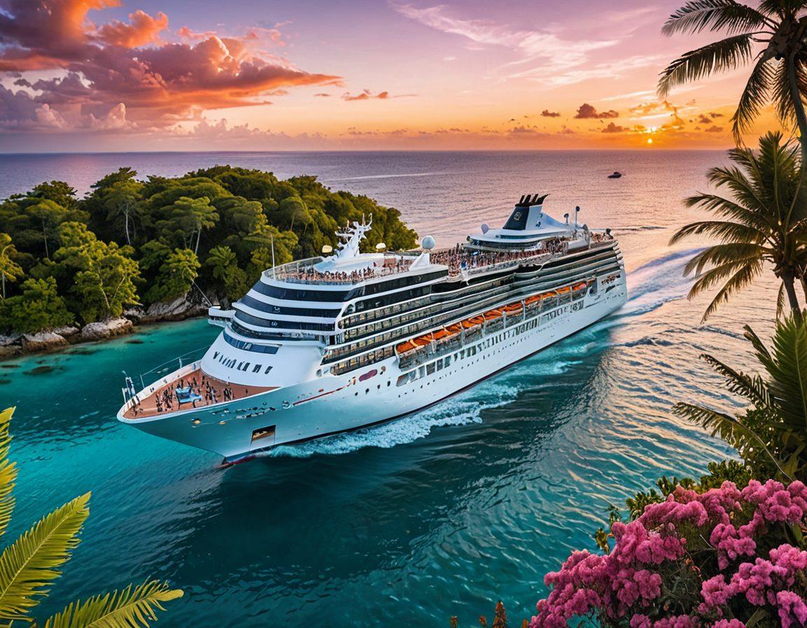 A vibrant scene featuring a luxurious cruise ship sailing on crystal-clear turquoise waters, surrounded by tropical islands with palm trees. Show happy travelers of diverse backgrounds enjoying the sun on the deck, with some engaging in various on-board activities like dining, relaxing in a hot tub, or exploring the ship. Soft sunset hues blend in the sky, embodying adventure and freedom, while colorful coral reefs can be seen beneath the sparkling water. This image should evoke excitement and dreams of a career in the cruise industry. super-realistic. vibrant colors.